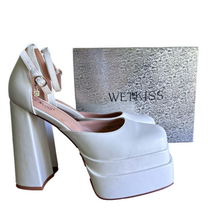 Wetkiss NEW Women's White Stacked Platform Chunk Heel Strap Shoe Size 11 #B1507